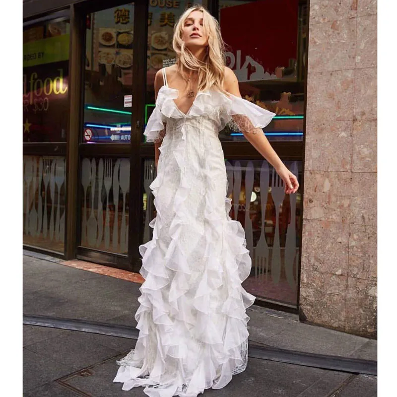 

2019 Fashion V-neck Off The Shoulder White Boho Lace Up Women Ruffle Midi Dress