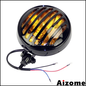 

Black Vintage Style Grill Prison Headlight 5 3/4" Headlamp For Cafe Racer Chopper Bobber Motorcycle Amber Glass Luz