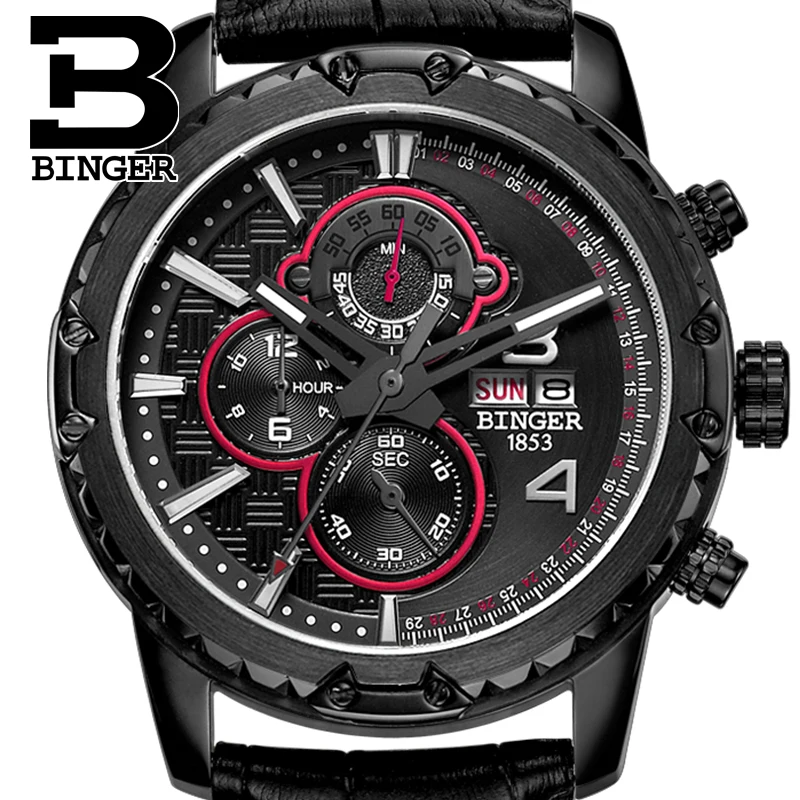 Watches Men Luxury Original Brand BINGER Sport Watches Men Fashion wristwatch Chronograph waterproof Male leather Quartz watch