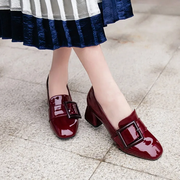 Women's Patent Leather Mid Heels Pumps Buckle Comfortable Shallow Square Toe Office Ladies Pumps Shoes CerdaChic Plus Size Women's Shoes