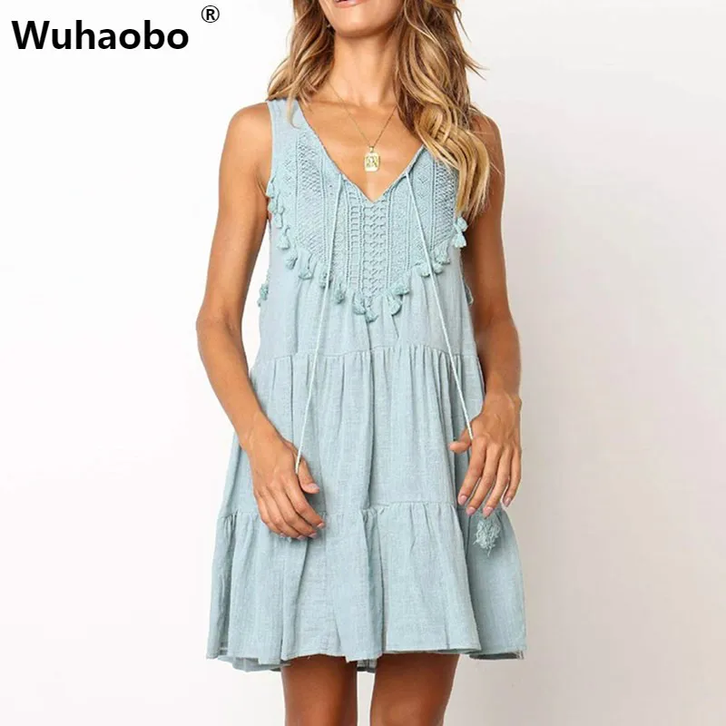 

Wuhaobo Sexy summer dress women hollow out lace ruffles short mini dress lady female sleeveless tassels beach party ribbon dress
