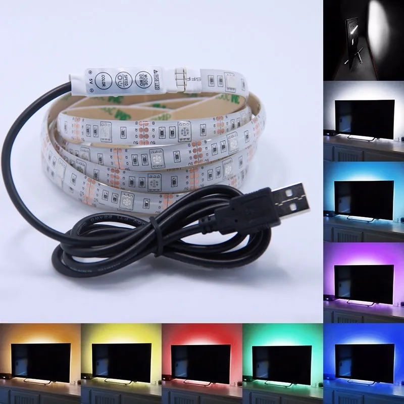 5 В 50 см 1 м 2 м 3 м 4 м 5 м Светодиодные ленты Light 5050 USB Питание Декор RGB Светодиодные ленты свет лампы Клейкие ленты лента для ТВ Задний план свет