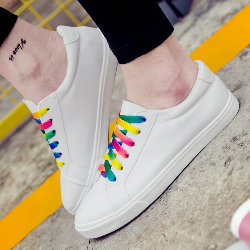 

2019 Women Fashion Casual Rainbow Leather Sneakers ladies Shoes Heels Tennis Laces Street Boots Girl Shoelaces Flats Drop Ship