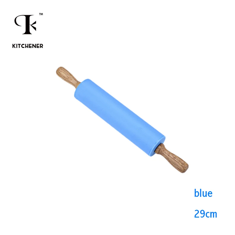 2 размера, 4 цвета, Силиконовые скалки для теста, деревянная ручка, силикон, Скалка, инструменты для выпечки - Цвет: BLUE 29CM