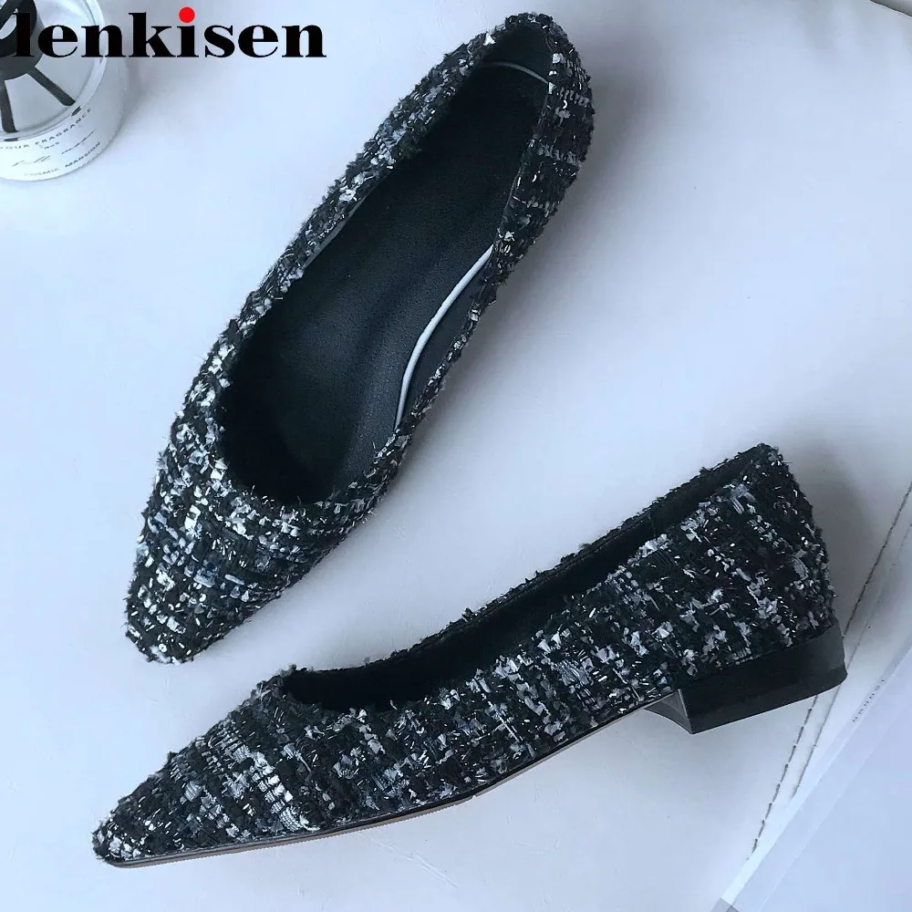 

Lenkisen brand high quality low heels square toe movie stars comfortable loafers vintage plus size elegant lady dating shoes L56