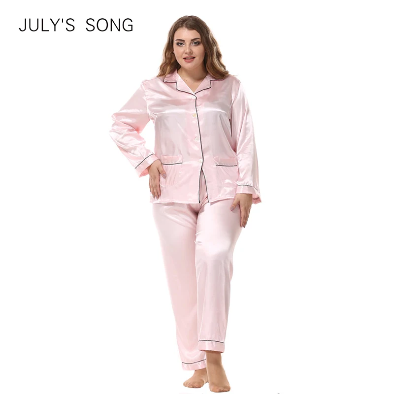 

JULY'S SONG Large Size Ladies Silk Pajamas Set Long Sleeved Cardigan Loose Two Piece Female Nightwear Women's Sleepwear