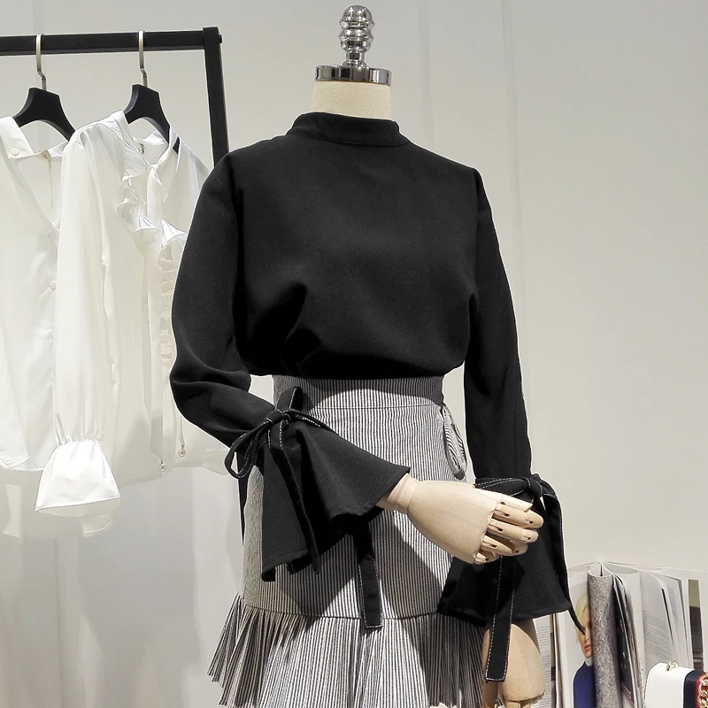 

2018 spring summer women black chiffon blouse slim belt flare sleeved loose office lady work shirts outwear tops 0.3kG