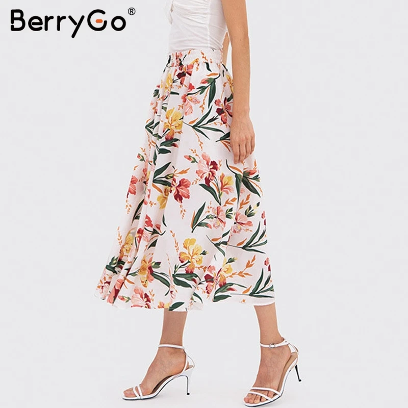 BerryGo Женская юбка Boho рубашки с цветочным принтом эластичная высокая талия Нижняя
