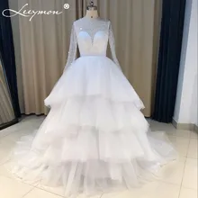 Luxury Pearls Beaded Bridal Ball Gown Sequined Ivory Wedding Dresses 2018 Roral Train Scoop Neck Long Sleeves Bridal Dresses