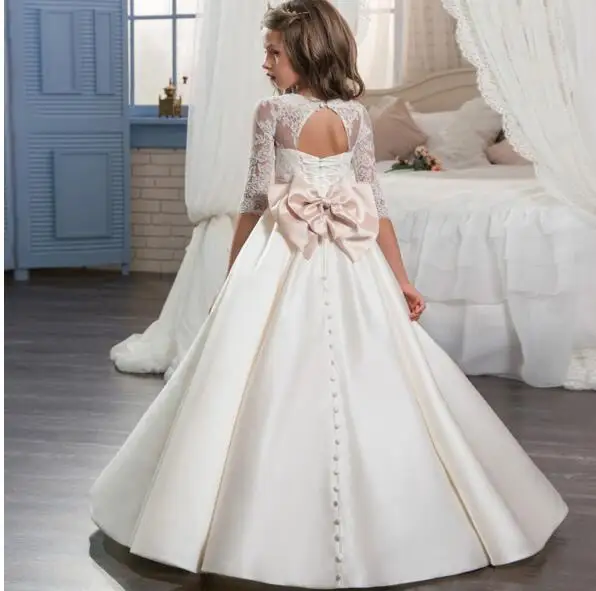 New-Ivory-White-Flower-Girls-Dresses-Lace-Beaded-Sash-Ball-Gown-Satin-Girls-First-Communion-Dress (1)