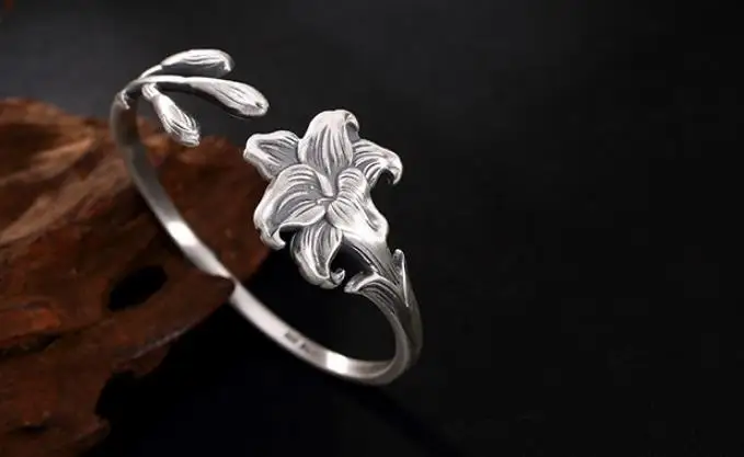 

JOOCHEER Sterling S999 999 silver Bangle orchid opening vintage bracelet