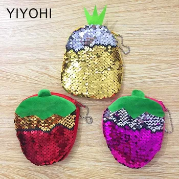 

Bling Sequin Double Color Strawberry Coin bag Wallet Change Purse Zip Round Clutch Earphone Cable Storage Holder Small Keys Bag