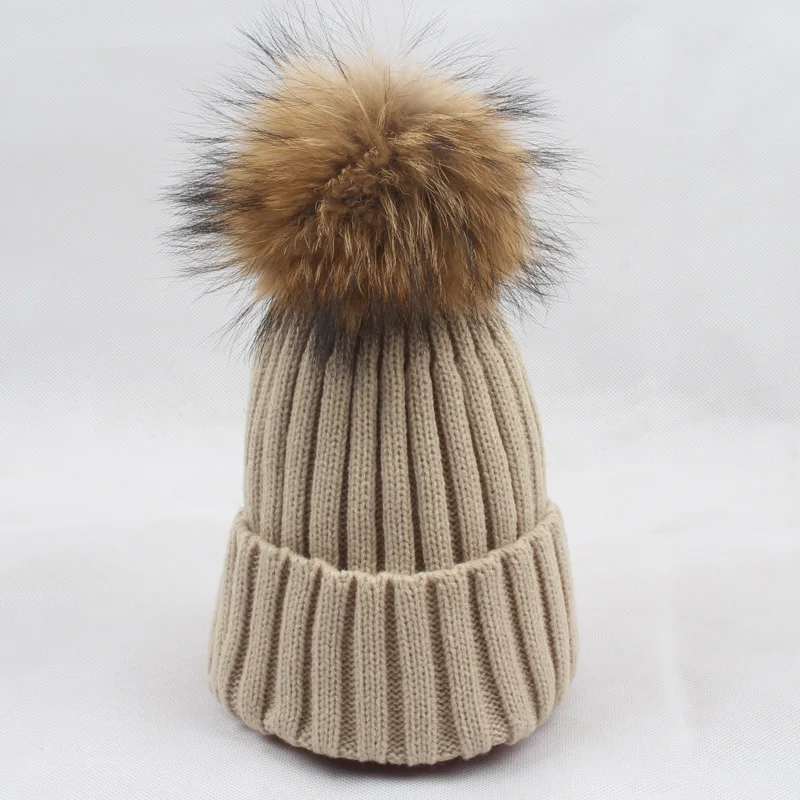 Детская акрил Skullies шапочки шляпу 15 см енота Мех животных pom ребенок зимние