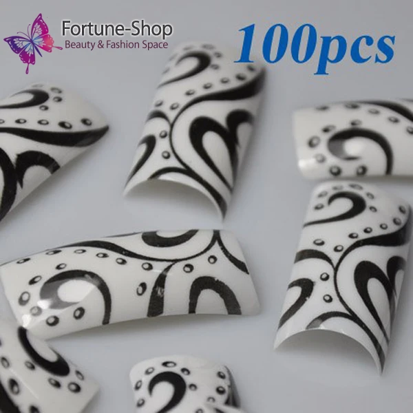 100pcs Pack Beauty Acrylic Nail Tips Black White Pre Design 100pcs Pack Beauty Acrylic Nail Tips Black White Pre Design Plastic Art Tip False French New F165 In Nails From