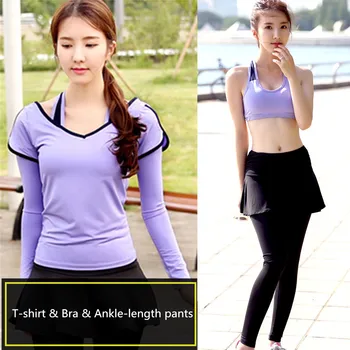 

Women 3 Pieces Yoga Set Female Quick Dry Sportswear Gym Running Girl Clothes Purple T-shirt&Bra&Black Ankle-length Pants