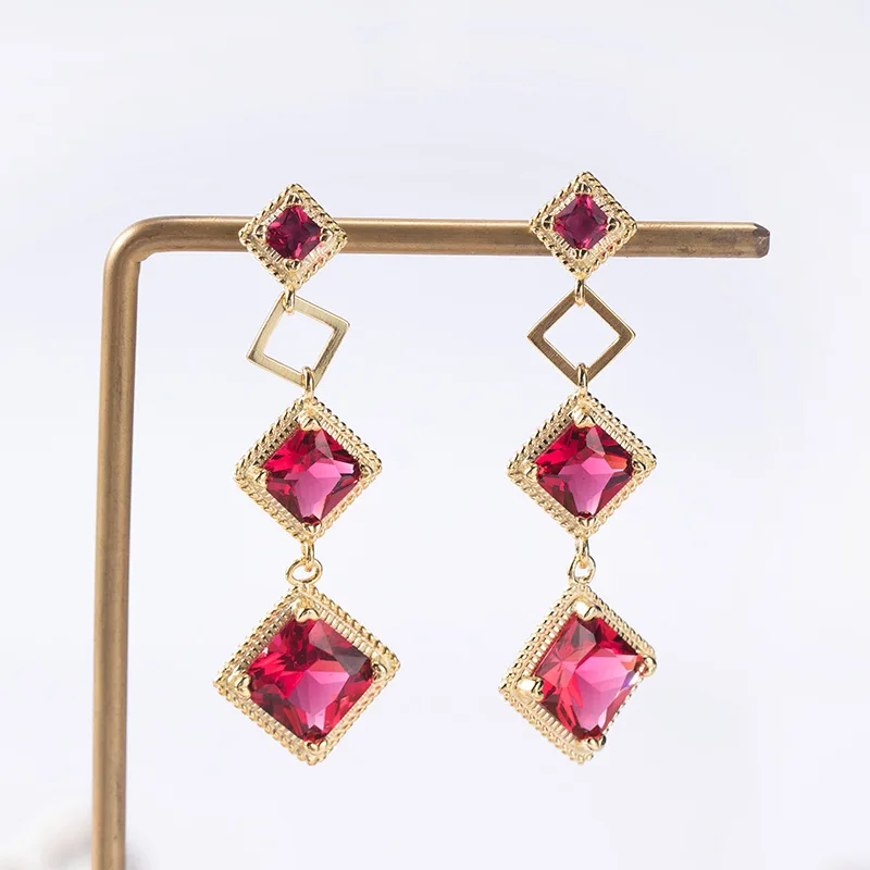vintage red zircon rhombus golden earrings woman S925 silver Sterling jewelry fashion dangle earrings for women high quality