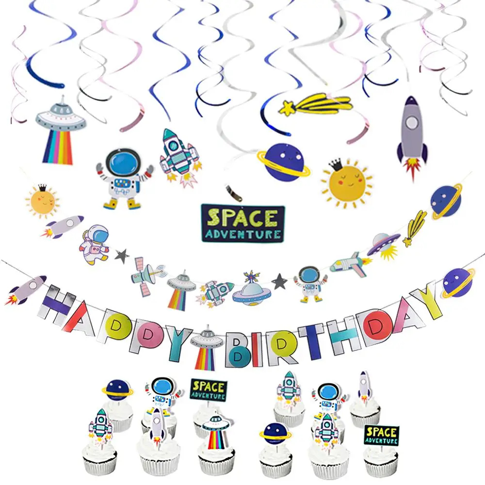 

Outer Space Adventure Theme Birthday Party Decoration Banner Foil Swirls Cupcake Topper Astronaut Spaceship Rocket Baby Shower