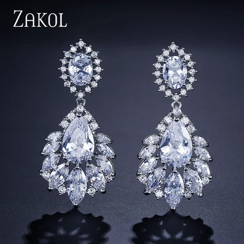 ZAKOL Fashion Chandelier AAA Cubic Zirconia Dangle Drop Earrings Big Crystal Leaf Bridal Wedding Jewelry For Women FSEP363