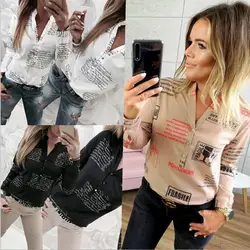 Blusas 3XL плюс размер 2019 Весна Новая женская блузка Рубашки с длинным рукавом с v-образным вырезом с буквенным принтом белая Повседневная