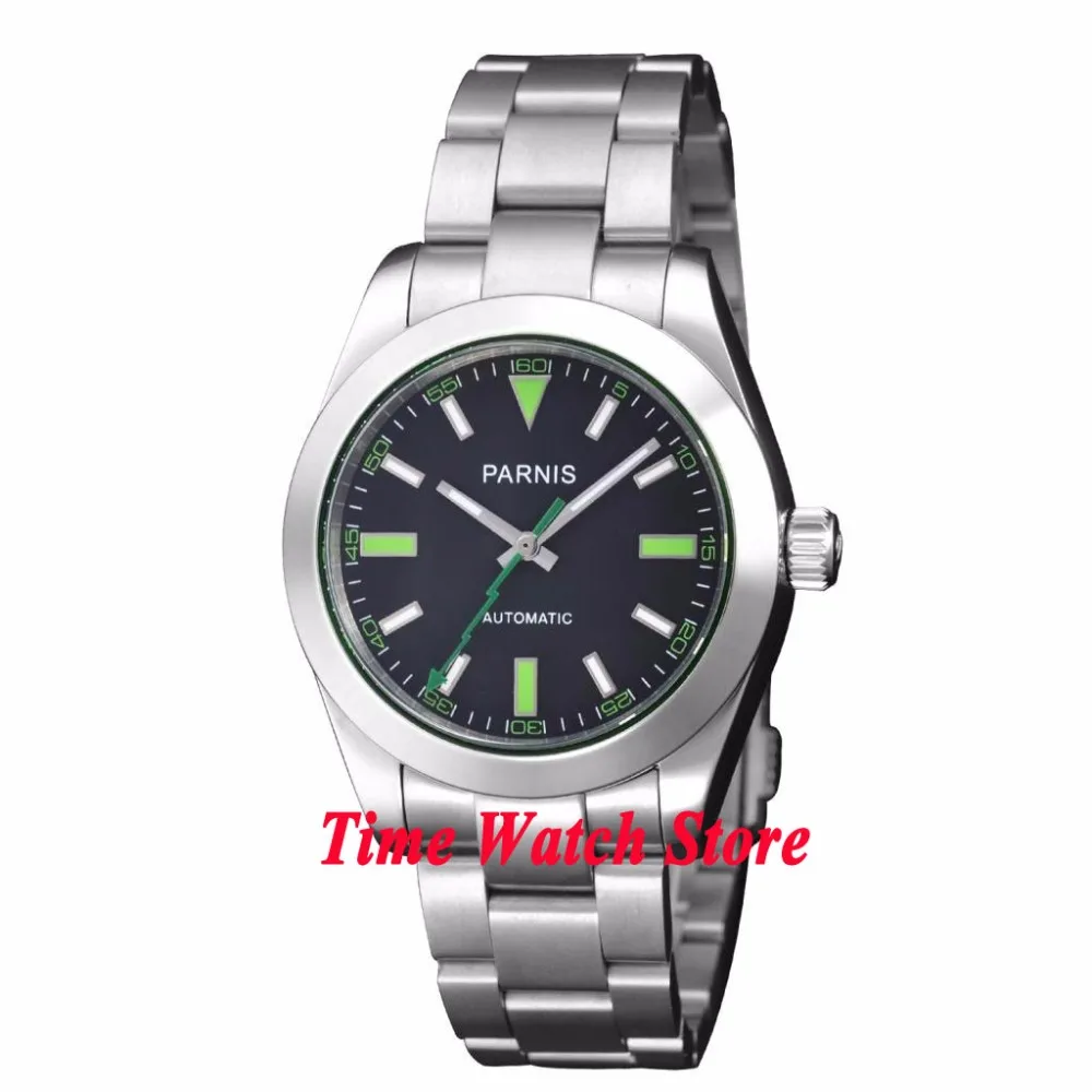 Parnis 40 мм черный циферблат зеленые светящиеся знаки flash hand sapphire glass MIYOTA