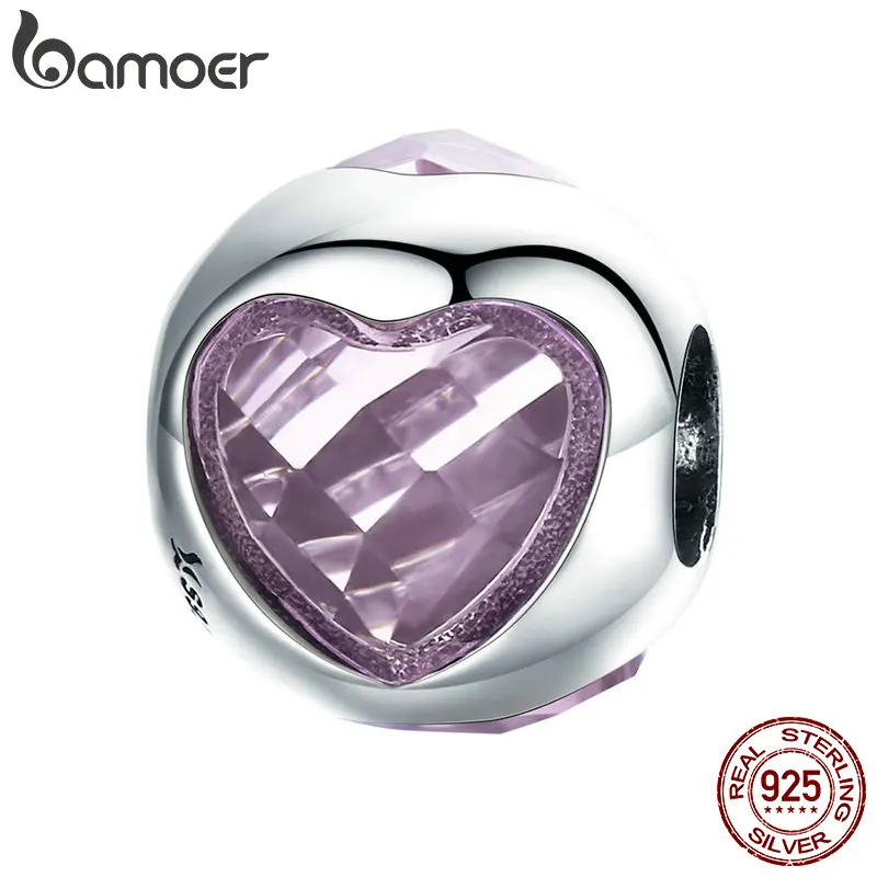 

BAMOER 100% 925 Sterling Silver Love Heart Engrave Pink Crystal CZ Beads fit Charm Bracelets & Bangles DIY Jewelry Making SCC864