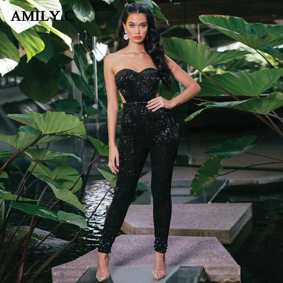 

Amily.c 2019 high quality summer new black sequins backless sexy tight strapless tights jumpsuit fashion club Vestido wholesale