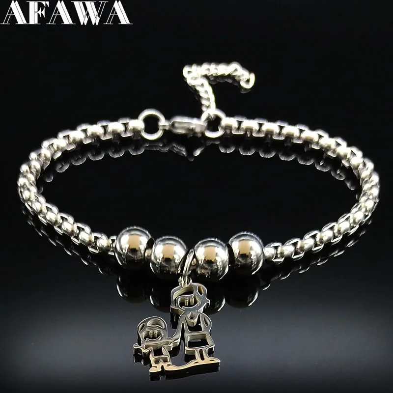 

2019 Fashion Mum Boy Stainless Steel Chain Bracelet for Women Bead Silver Color Bracelets Bangles Jewelry pulsera B18282