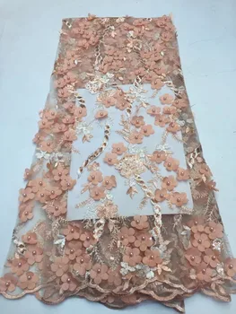 

2019 Nigerian lace fabric high quality 3D flower applique embroidery tulle lace African Beaded lace fabric for women