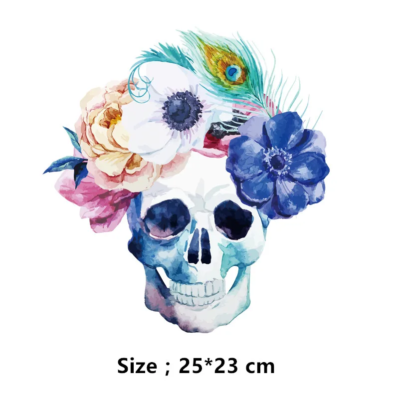 Дизайн нарисованный цветок череп патч 25*23 см нашивки для одежды Diy футболка толстовки a-уровень термопереводная наклейка - Цвет: B