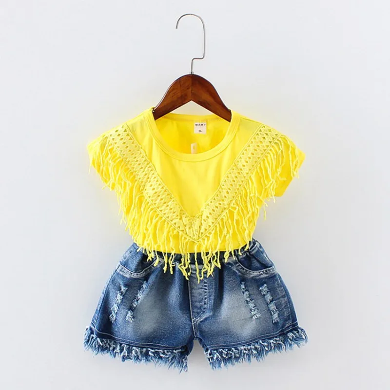 CROAL CHERIE  Baby Girl Clothes 2PCS Toddler Kids Baby Girls Outfits Short Sleeve T-shirt Tops+Short Pants Tassel Clothes Set  (12)