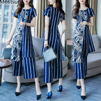 

L-5XL Summer Printed Striped Two Piece Sets Women Plus Size Short Sleeve Long Tops And Wide Leg Pants Suits Office Elegant Sets