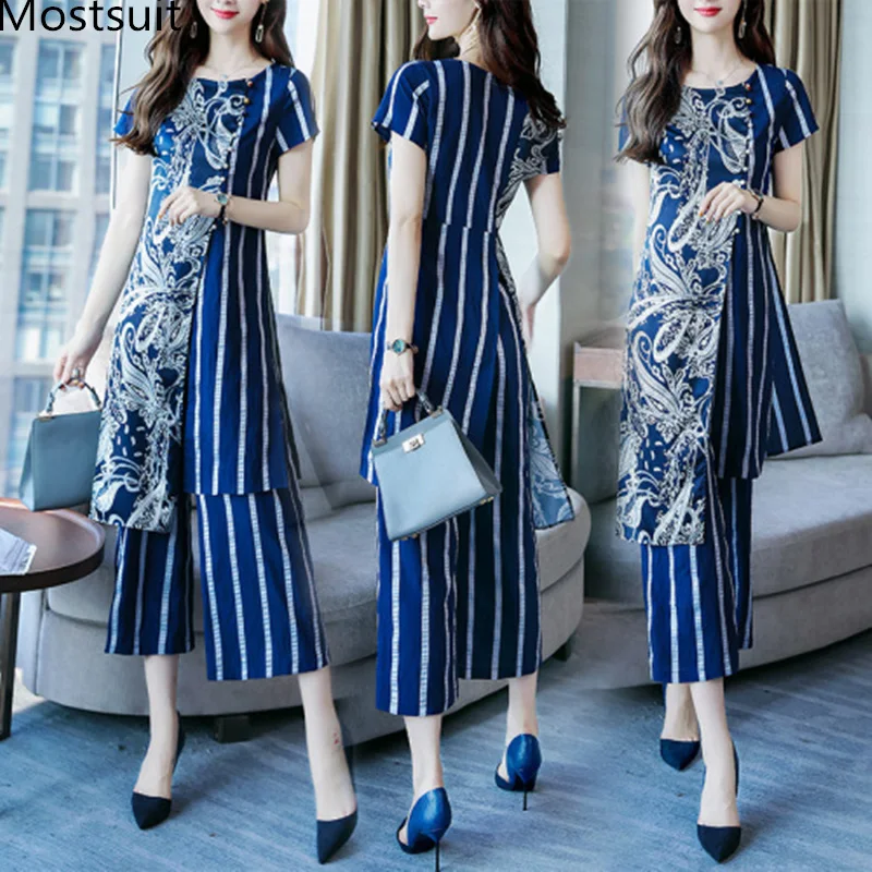 

L-5XL Summer Printed Striped Two Piece Sets Women Plus Size Short Sleeve Long Tops And Wide Leg Pants Suits Office Elegant Sets