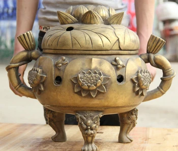 

USPS to USA S2362 19" Marked Chinese Brass Folk 3 Foot Lion Beast Head lotus Incense Burner Censer
