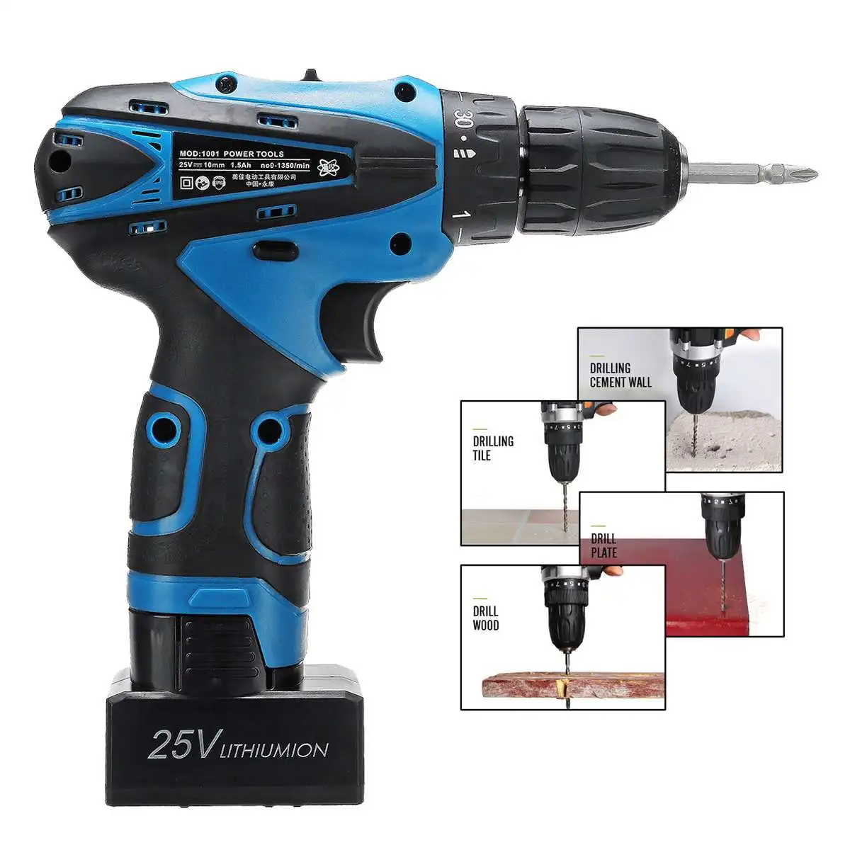 

2 Speed Variations Portable Electric Cordless Drill 31+1 Torque 3/8" Chuck 25V Li-Ion Battery LED Lighting 3IN1 Trigger Switch