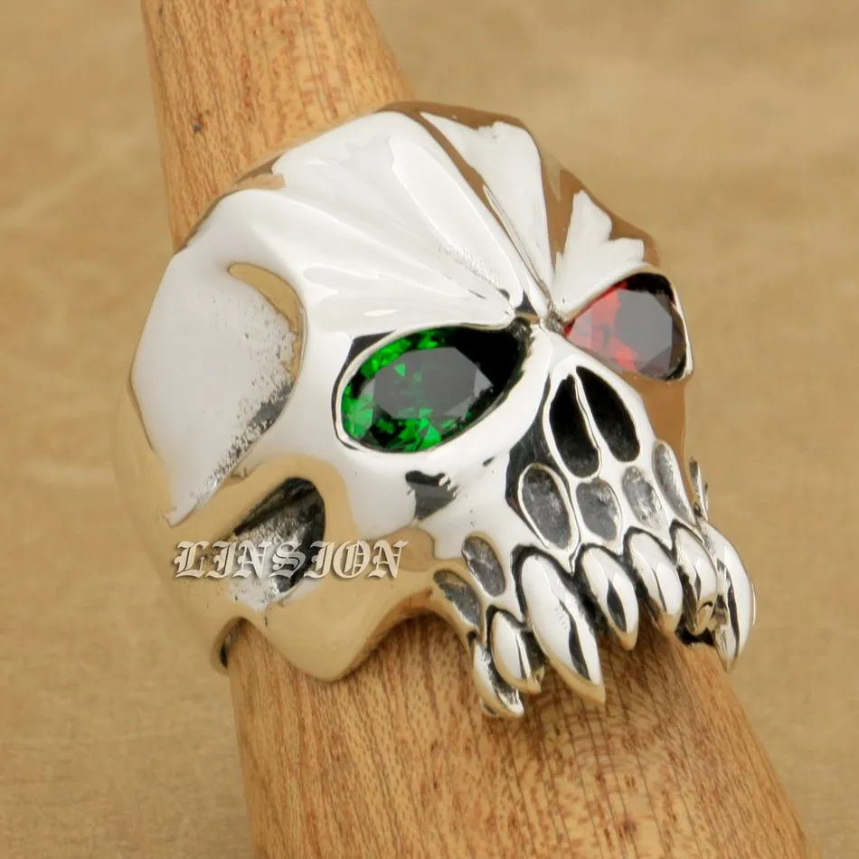 

US Size 8~15 Huge Heavy 925 Sterling Silver Red + Green CZ Eyes Skull Mens Biker Rock Punk Ring 9M604