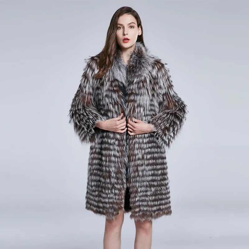 Женское зимнее теплое пальто в полоску с натуральным мехом, пальто из натурального Лисьего меха, Меховая куртка, дизайн - Цвет: C