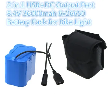 

2 in 1 USB+DC Connectors 26650 Bicycle Light Power 8.4V 36000mAh 6x26650 Rechargeable Battery Pack For LED Bike Light headlamps