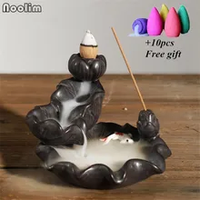 Lotus Pond Crap Fish Backflow Incense Burner Lotus Incense Stick Holder Ceramic Censer Home Decor+10pcs Free Cones