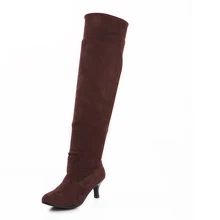 Women Stretch Faux Suede Slim Thigh High Boots Med Heel Fashion Over the Knee Boots Sexy Woman Shoes Black Gray Brown DZ905