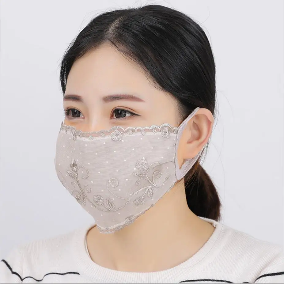 Осенне-весенняя дышащая маска для рта для женщин и девочек, кружевная хлопковая маска, защита от образования бактерий, противозагрязняющая маска для велоспорта, ветрозащитная, Пылезащитная
