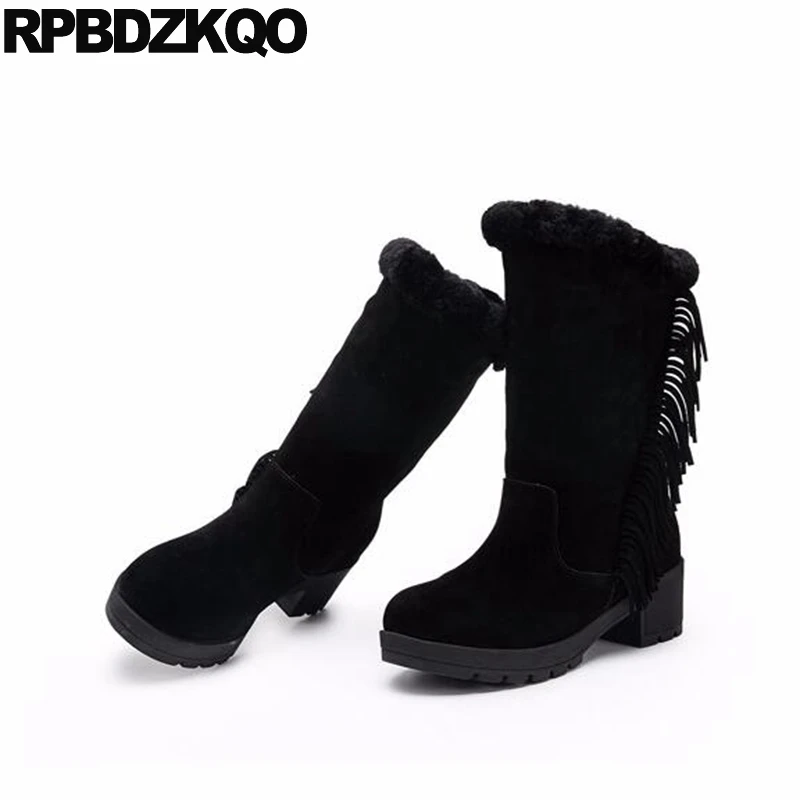 

Slip On Shoes Faux Fur Black High Heel Chunky Women Fringe Round Toe Big Size Winter Snow Boots Mid Calf Ladies Fashion New
