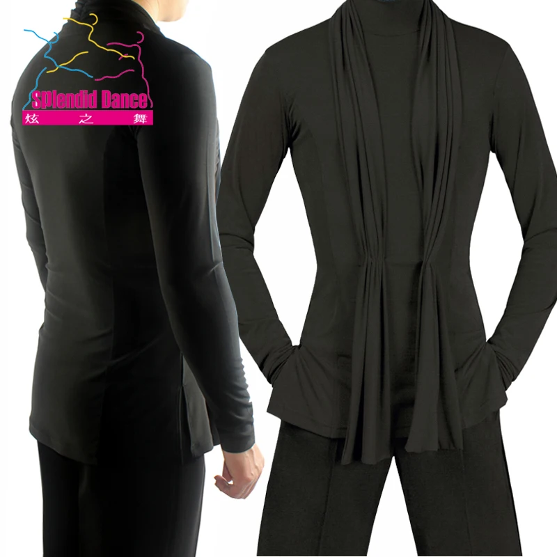 Dance Shirts Fantasia Latin Dance Tops Black Long Sleeve Stretch Shirt Men Ballroom Competitive
