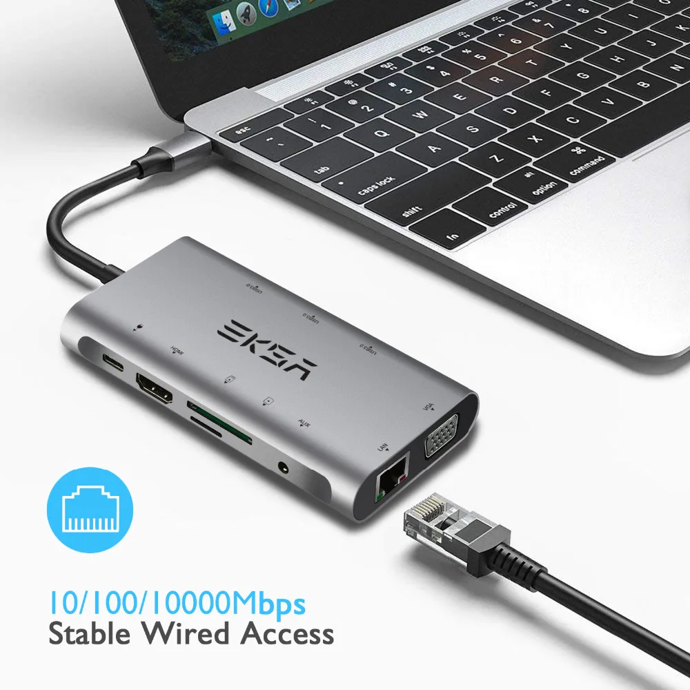 EKSA концентратор USB Type C к HDMI/RJ45 Gigabit Ethernet/VGA/кард-ридер/Thunderbolt 3 адаптер для Macbook huawei P20 Pro USB 3,0 концентратор