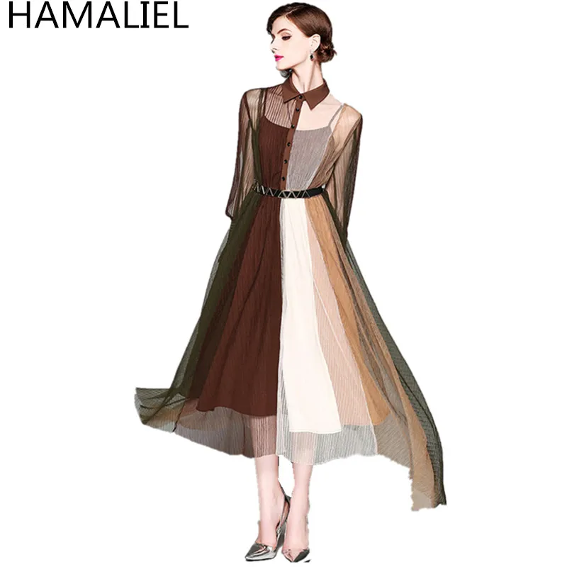 

HAMALIEL New Fashion 2018 Summer Long Flare Sleeve Party Dress Vestidos Women Mesh Patchwork Turn Down Collar Sashes Long Dress