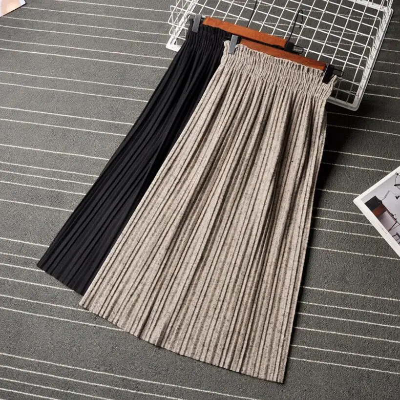 

Woolen Skirt Autumn Long Mid-Calf Length High Waist Solid Color Skirt Female Pleated A-Line Winter Warm Casual Wild Skirt