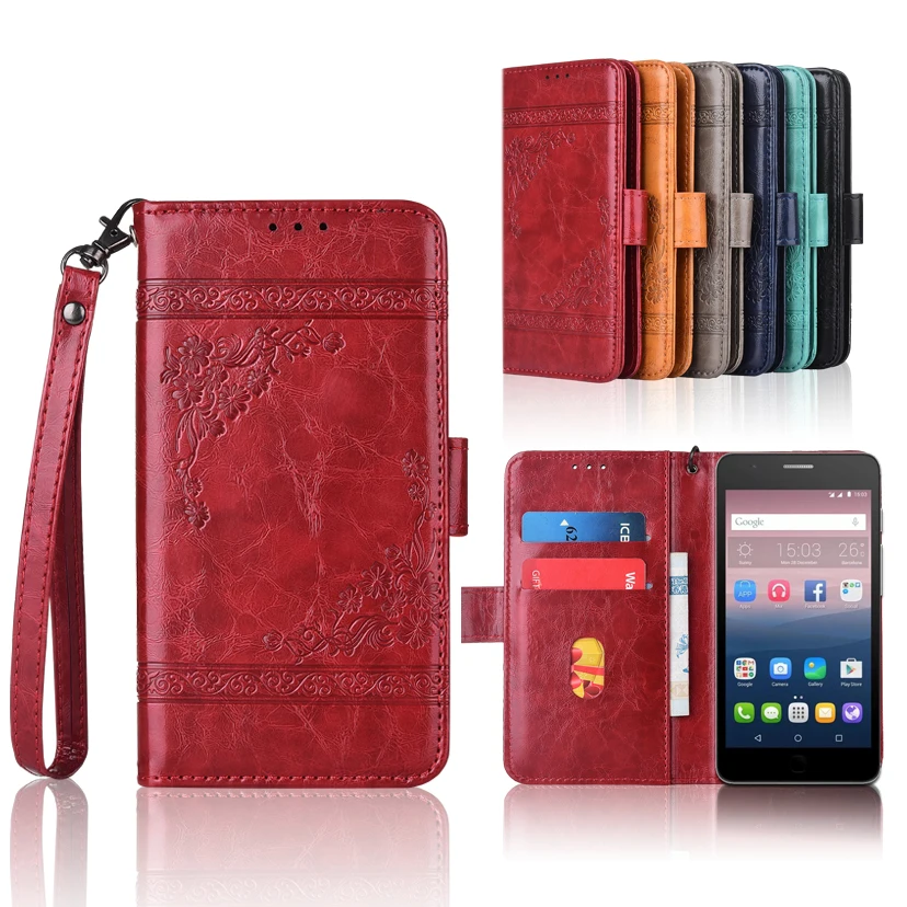 

Newest Wallet case for Alcatel OneTouch POP UP Flip case with Strap,100% special PU leather embossing flower book cover case
