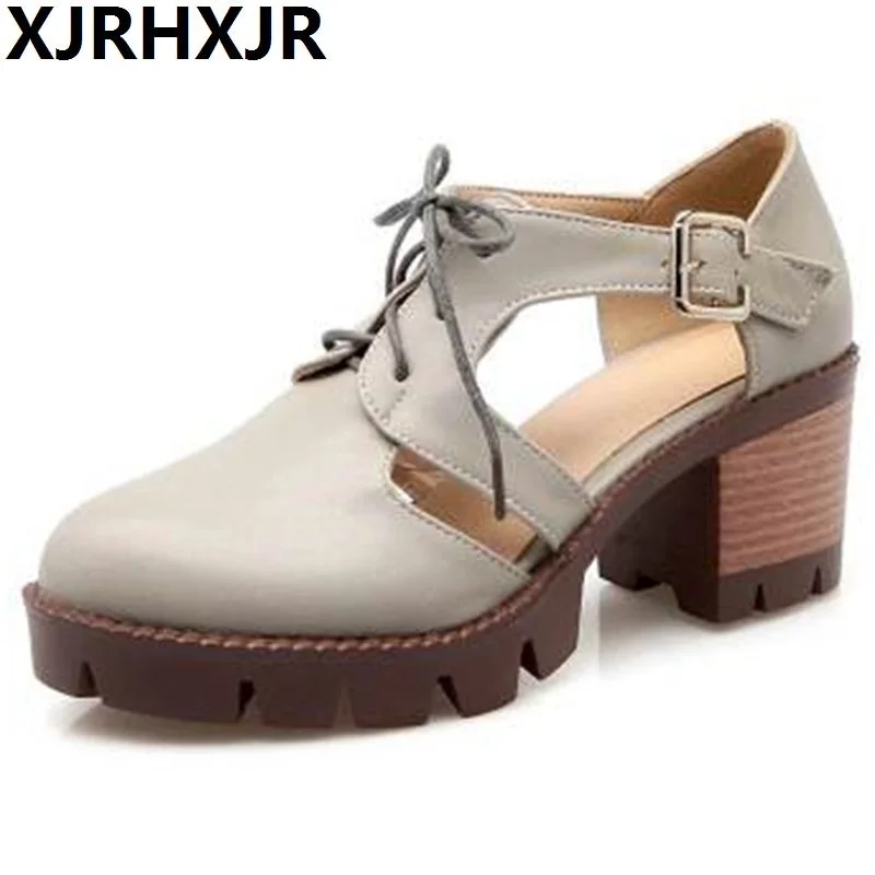 

2019 Women Leather Female Black Lace Up Thick Heel Sandals British Style Buckle Casual Shoes for Women Large Size 34-43