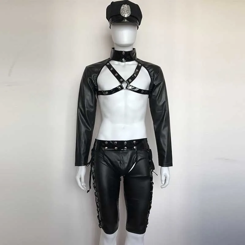 3 pcs Black Vinyl Leather Men's Costumes Sexy Police Cosplay Plus Size M-XXL Hot Erotic Halloween Police Uniforms Fancy Suits (4)