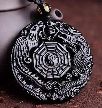 

Free shipping 100% Natural Obsidian Hand Carved Dragon Phoenix Lucky Pendant + Necklace