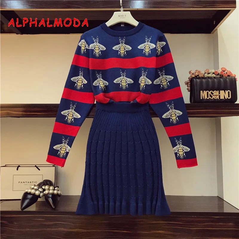  ALPHALMODA 2018 Bees Hit Striped Colored Women Knitted Sweater Skirt Suits OL Autumn Winter Vintage